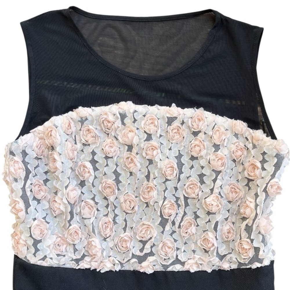 J. Peterman BLACK COCKTAIL DRESS DIMENSIONAL PINK ROSES DETAIL 10 Sheer ROMANTIC